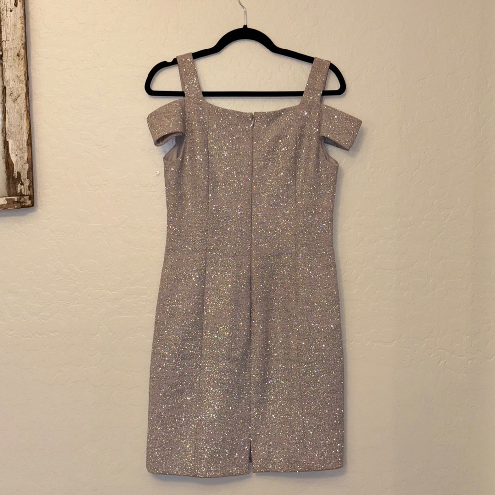 Eliza J Dress Size 8 Champagne Glitter Cold Shoulder Sheath Cocktail Party - Picture 13 of 17